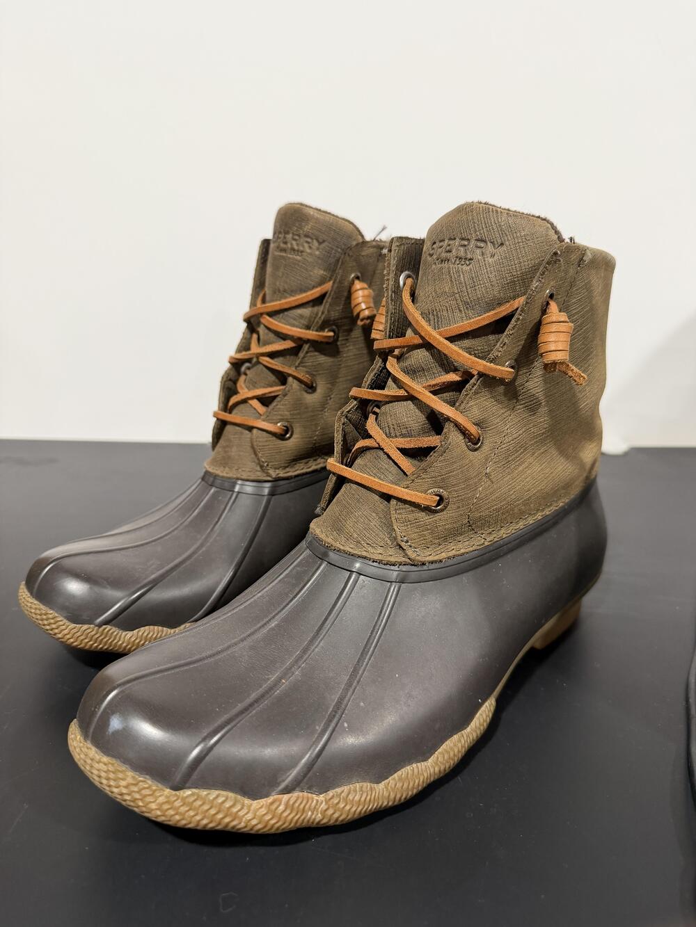 Sperry Duck Rain Boots Womens Size 9.5 Brown Ankle Rubber Faux Fur STS99729